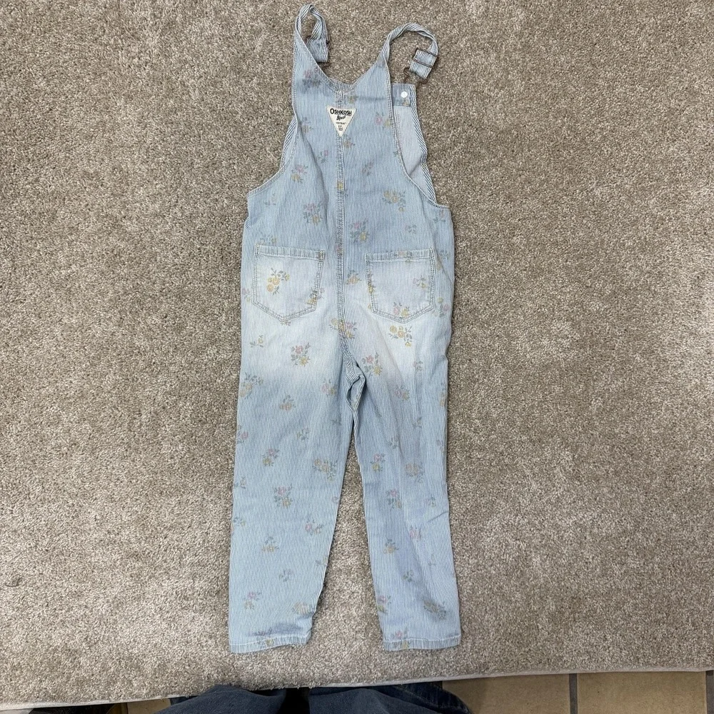 OshKosh B'gosh Overalls Girls 5T Blue Denim Floral Stripe Adjustable Casual